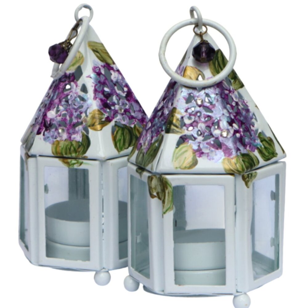 Set of Two Mini Metal Lanterns Hand Painted Hydrangea Flowers Summer Home Decor